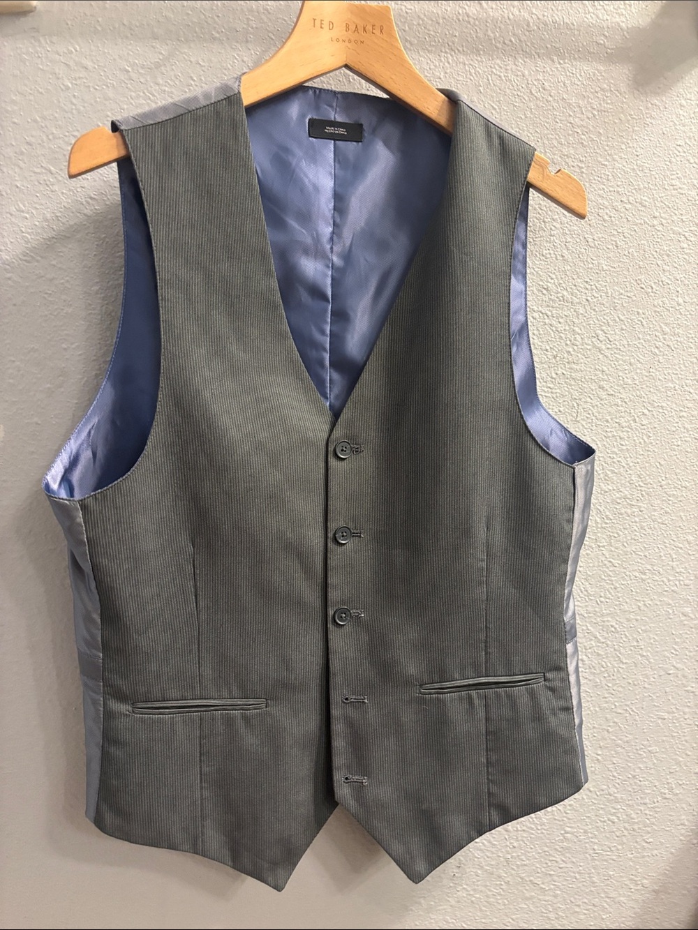 jf j.ferrar Gray Pinstripe Men's Dress Vest with Blue Satin Lining